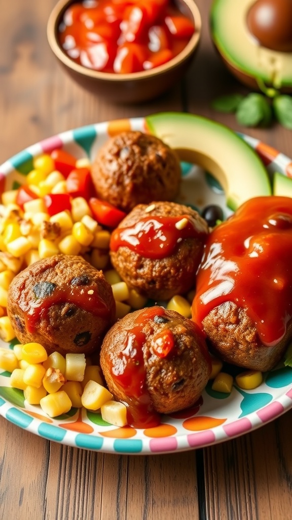 Plate of Tex-Mex sausage balls with corn and dipping sauce