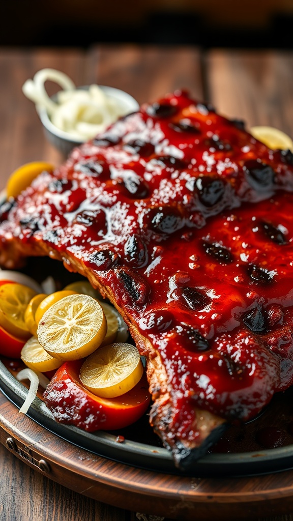 Delicious Texas-style BBQ beef ribs plated with lemon slices and a side of BBQ sauce.