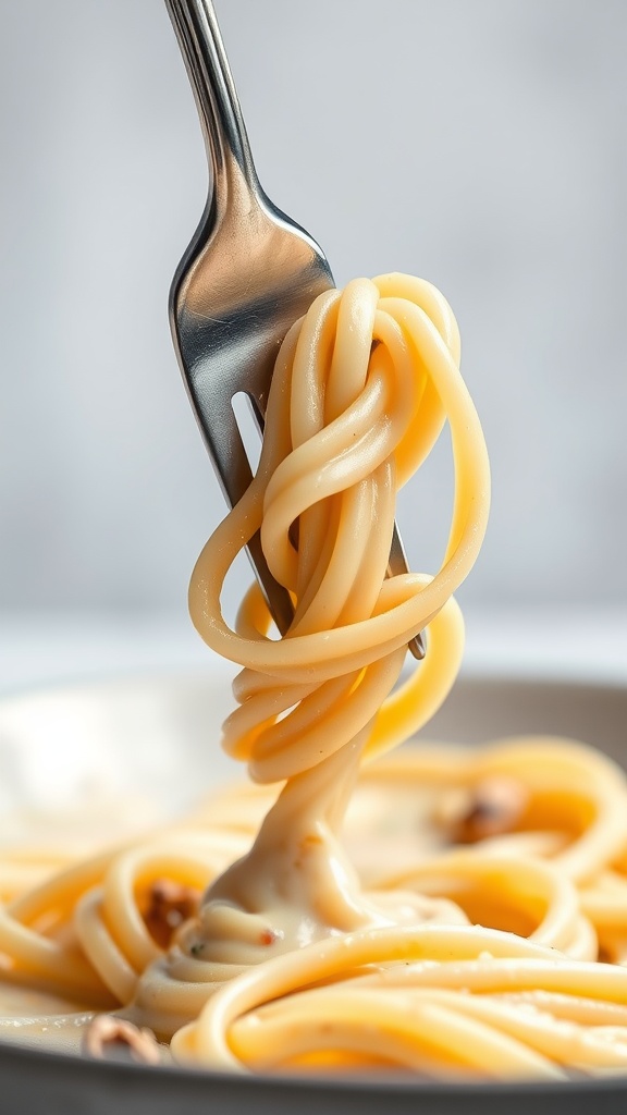 A close-up of creamy pasta twirled on a fork, showcasing its smooth texture.