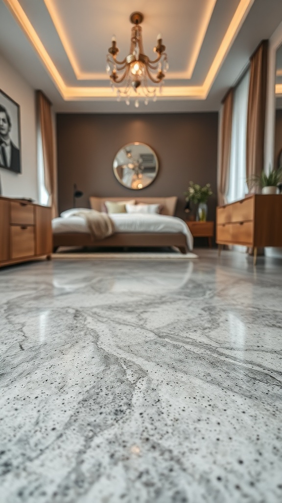 A stylish bedroom with an epoxy concrete floor featuring a unique texture, complemented by wooden furniture and elegant decor.