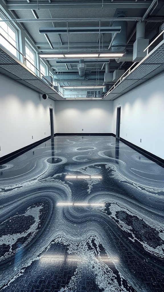 A spacious room showcasing a textured 3D epoxy floor with swirling patterns.