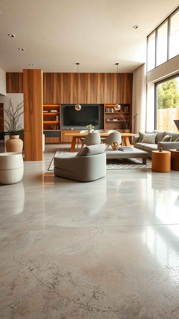 A modern living room featuring sleek glossy concrete floors, wooden accents, and minimalist furniture.