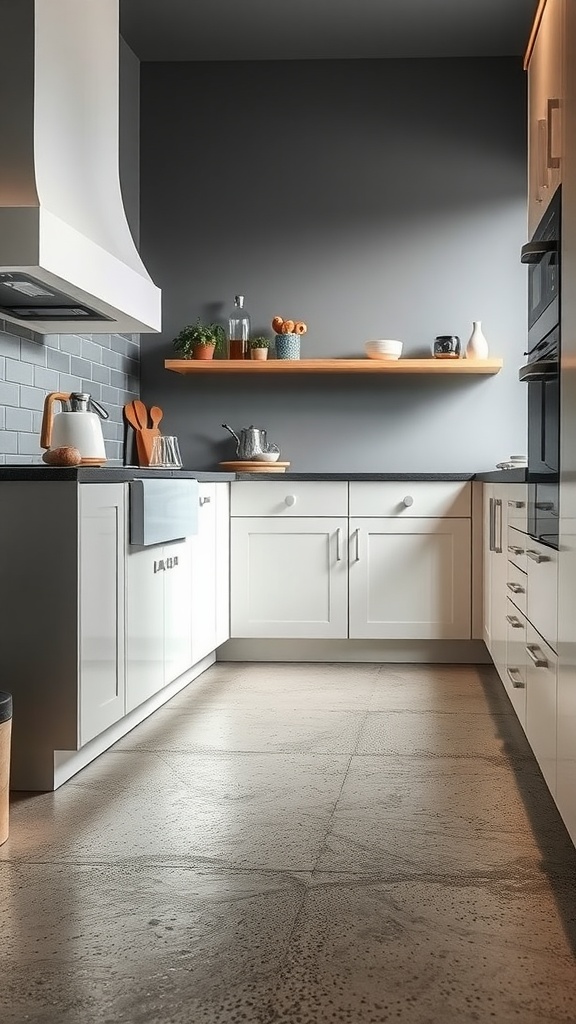 Interior space showcasing a modern kitchen with textured cement flooring.