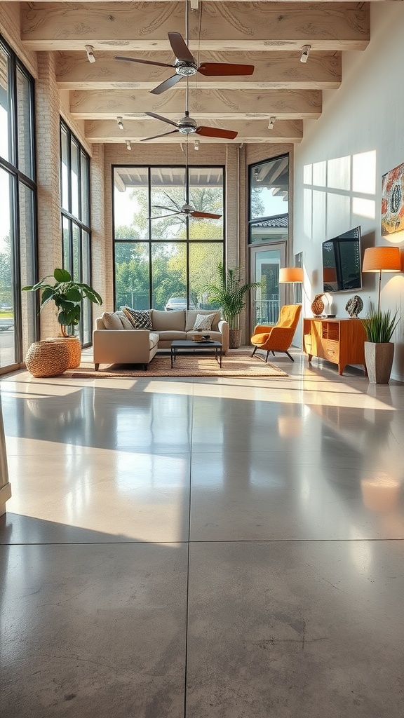 Cozy living room with textured concrete flooring, large windows, and modern decor.