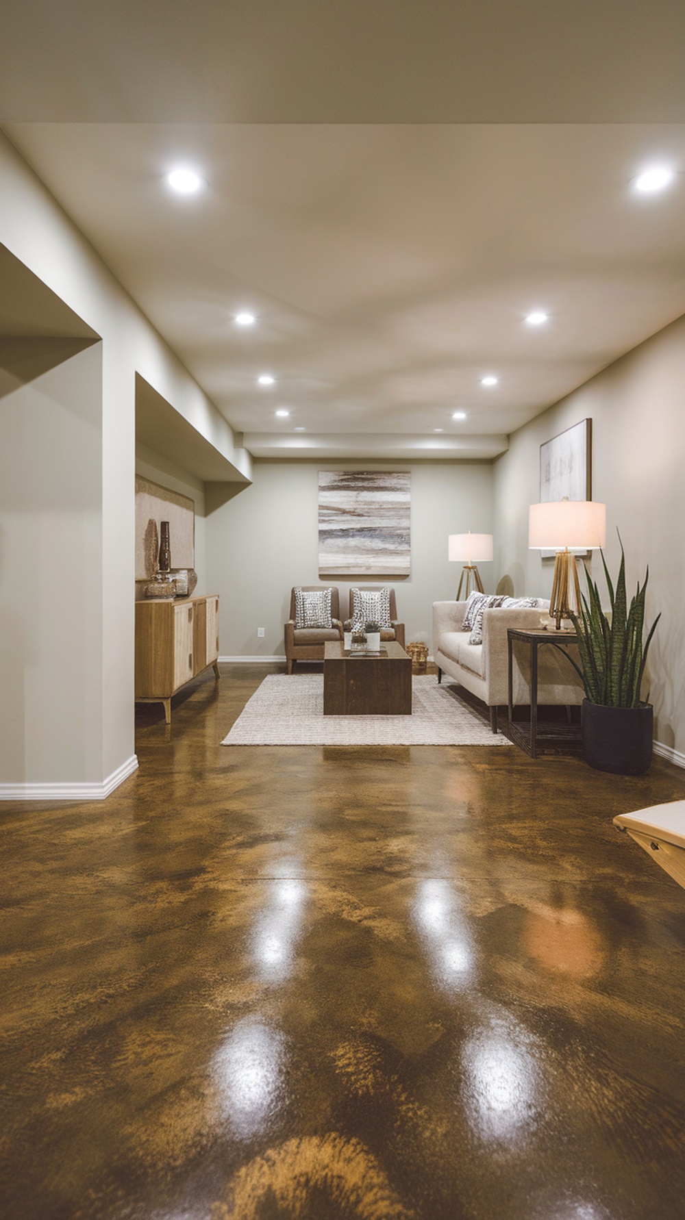 A stylish living room with stained concrete flooring, showcasing warm tones and a modern design.