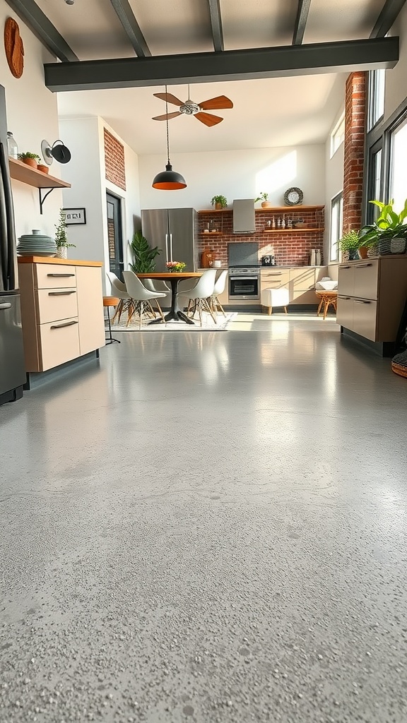 A modern kitchen with polished concrete floors and stylish decor.