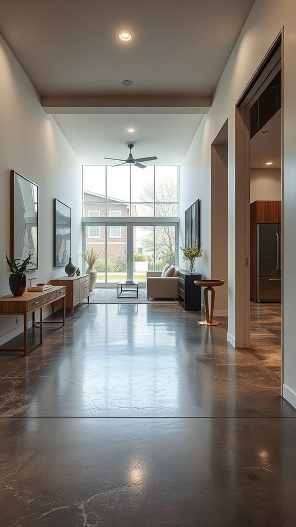 A modern entryway with polished concrete floors and large windows, showcasing a stylish and inviting atmosphere.