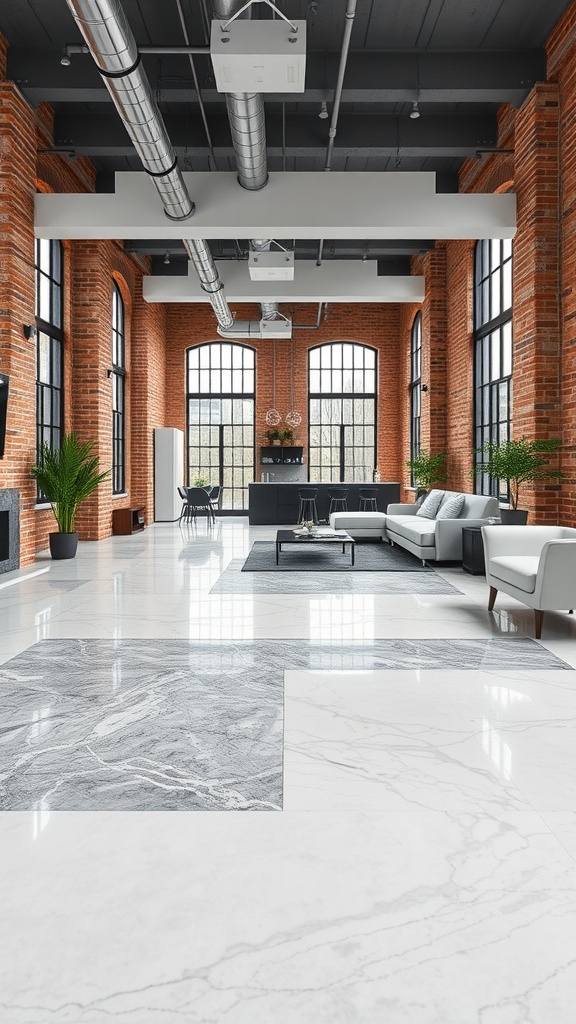 A spacious modern interior showcasing a beautiful textured concrete floor with a marble look, surrounded by large windows and stylish furniture.