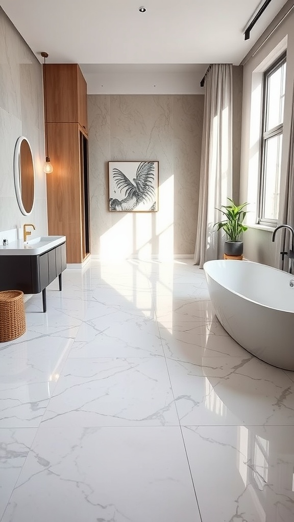Modern bathroom with marble epoxy flooring, featuring a freestanding tub and stylish decor.
