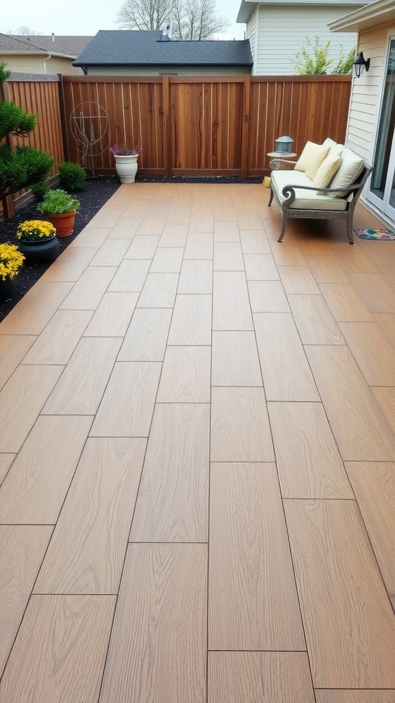 Textured concrete patio with wood grain finish and potted plants.