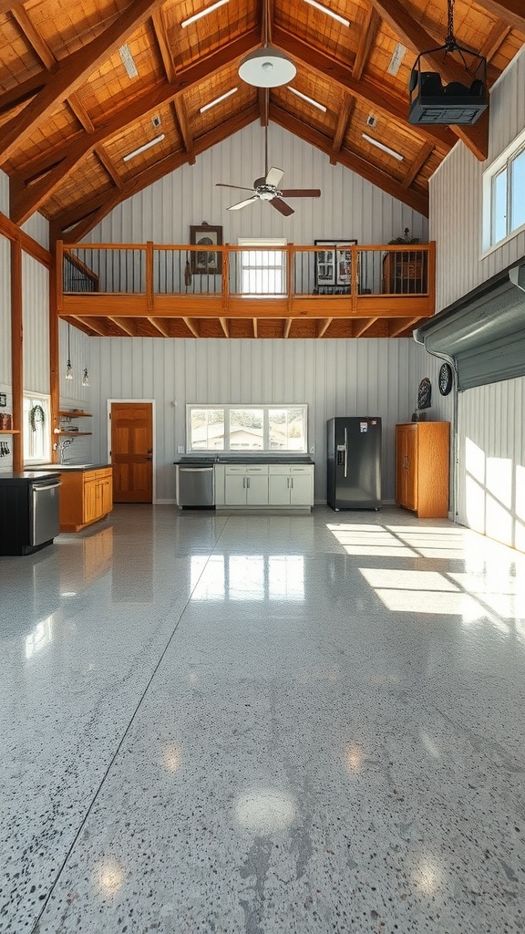 Spacious barn-style garage with textured epoxy flooring and wooden accents