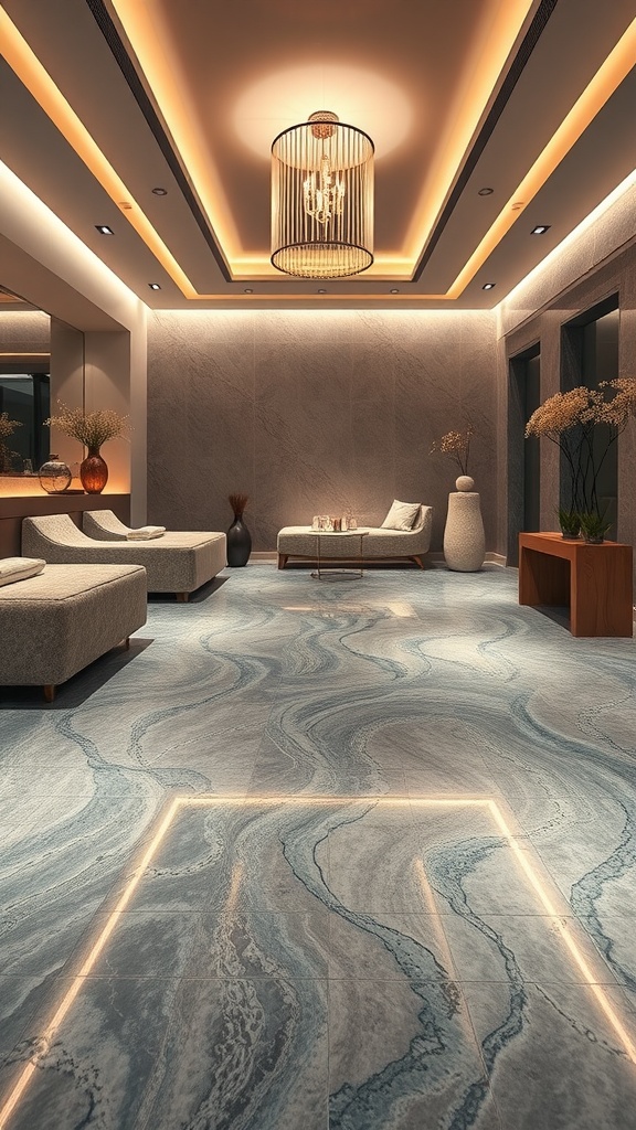 Textured epoxy floor in a modern interior with elegant lighting and decor