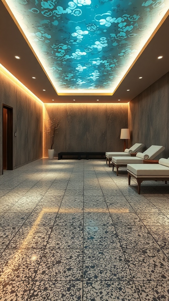 A modern indoor pool area with textured epoxy flooring and ambient lighting.
