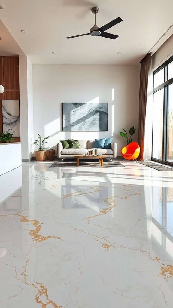 A living room featuring a glossy epoxy floor with a textured finish.