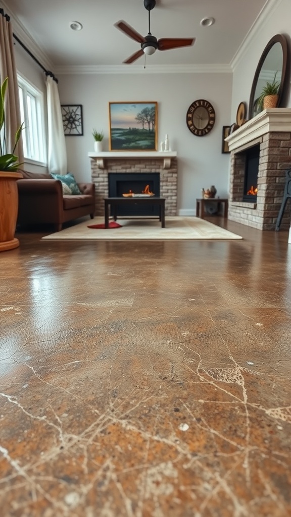 A cozy living room featuring textured epoxy floors in earthy tones, with a fireplace and comfortable seating.