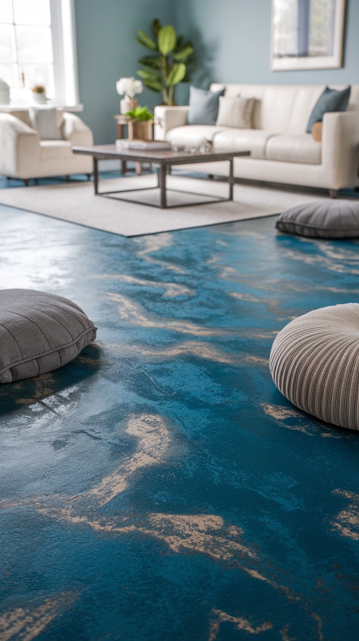 A cozy living room with a textured blue epoxy floor, soft cushions, and natural light.