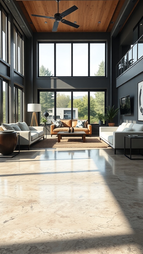 A spacious living room with polished concrete flooring and large windows, showcasing textured epoxy finishes.