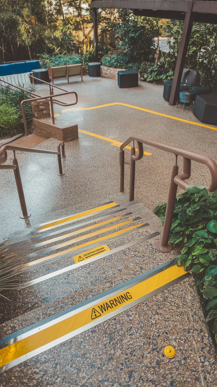 A staircase with textured epoxy flake flooring featuring yellow warning strips for safety.