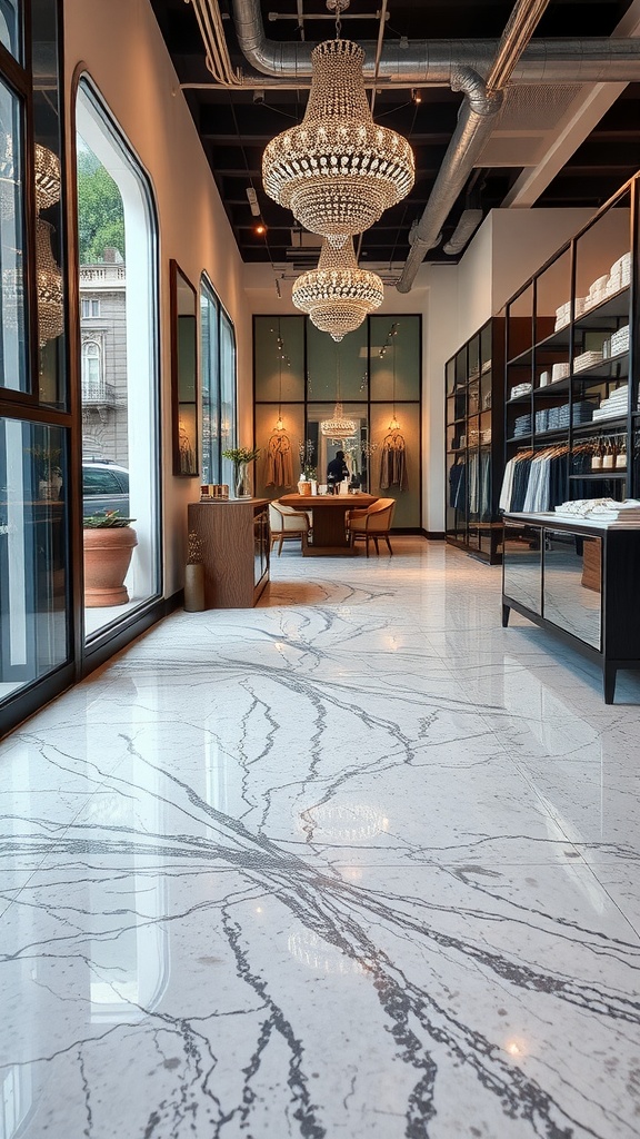 A well-lit hallway in a clothing store featuring textured epoxy flooring and wooden display fixtures.