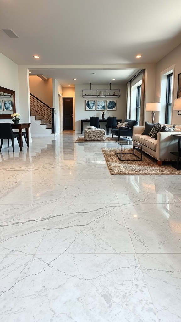 A modern living room with marble-style epoxy flooring, showcasing a sleek and elegant design.