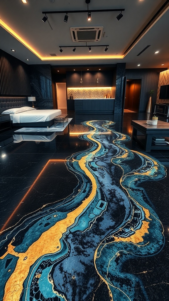 Textured epoxy floor with blue and gold designs in a modern room.