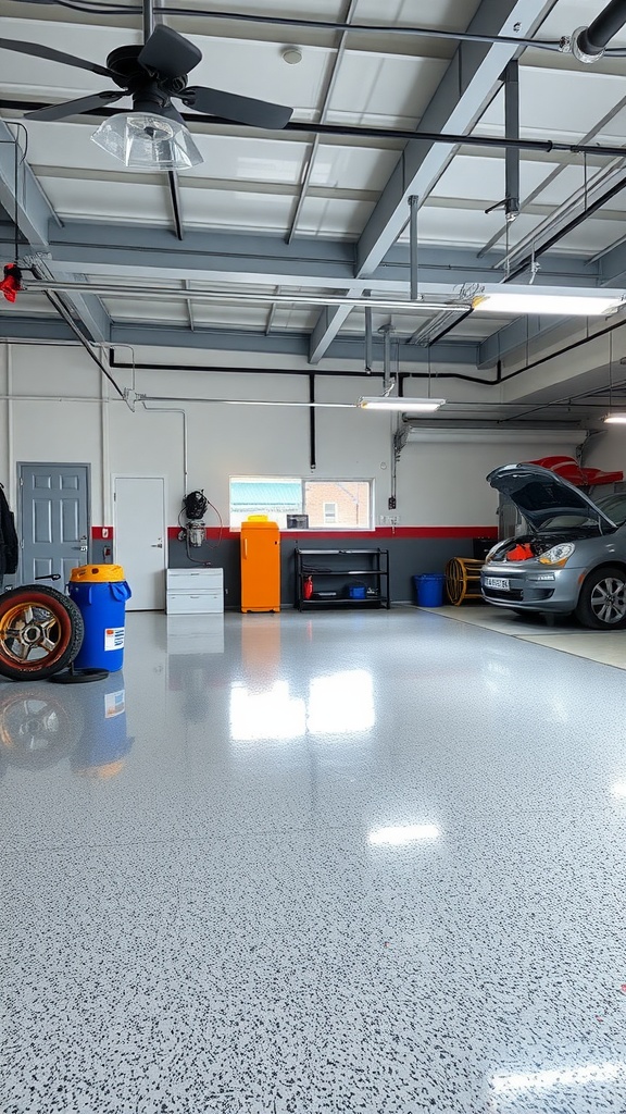 A garage with a textured epoxy floor featuring a diamond pattern, bright yellow line marking, and safety cones.