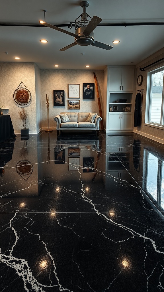 Luxurious black marble epoxy floor in a modern living space with a stylish couch and decor.