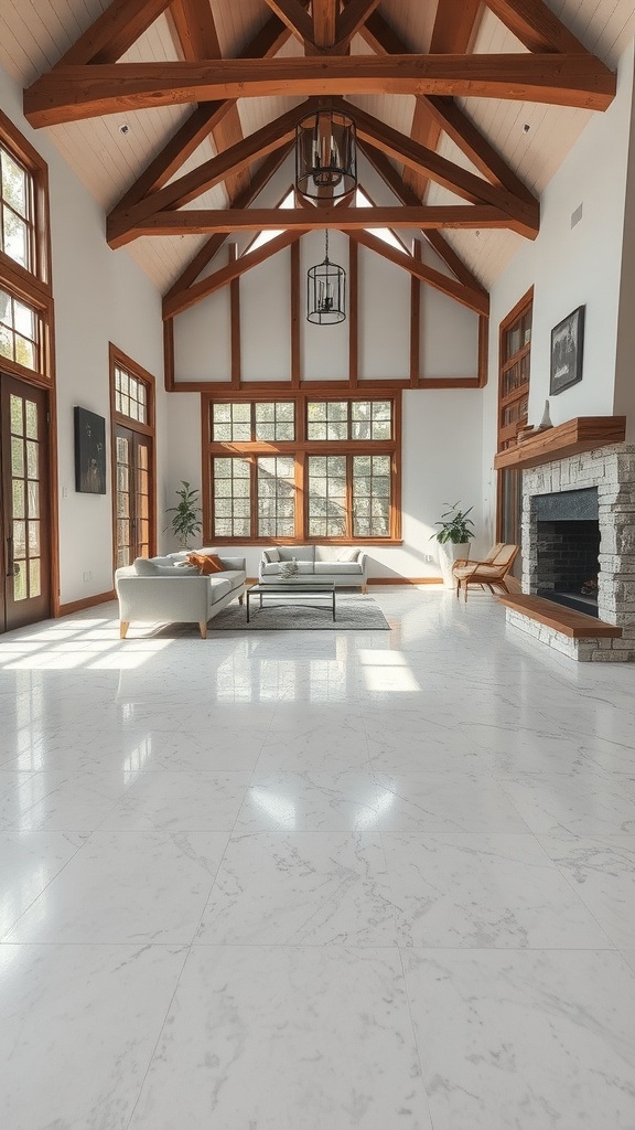 A spacious living room with rustic wood beams and textured epoxy flooring that resembles stone.