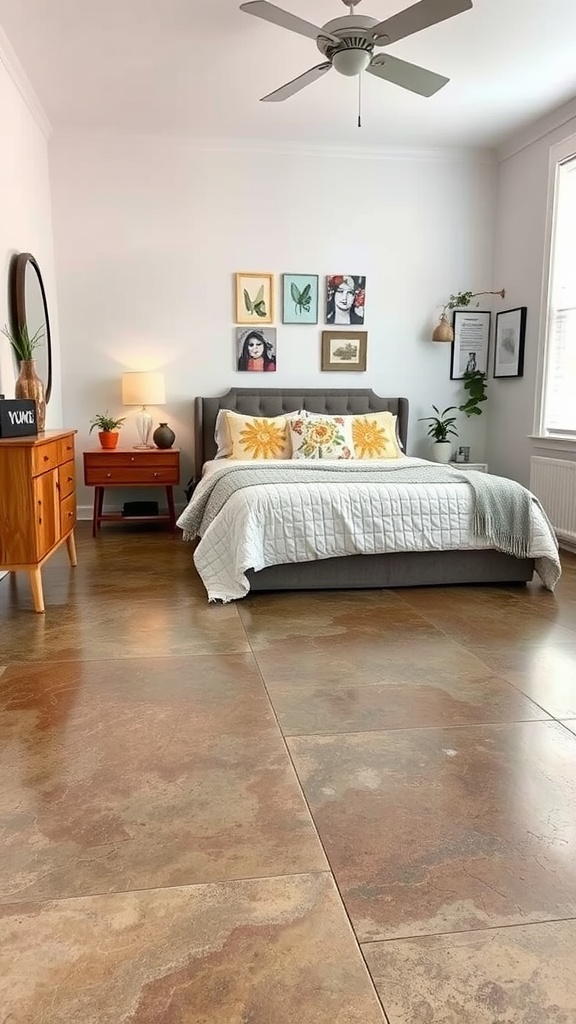 A bedroom featuring textured epoxy concrete flooring with earthy tones, a stylish bed, and decorative wall art.
