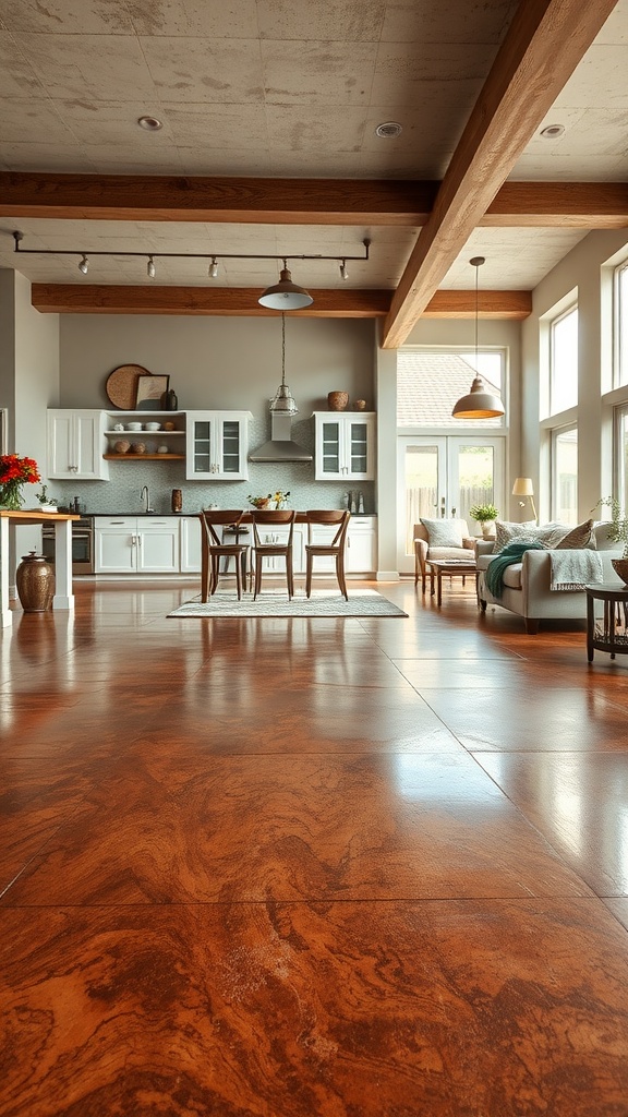 A spacious kitchen and living area featuring a rich brown epoxy floor, white cabinets, and wooden beams.