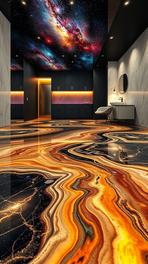 A vibrant textured epoxy floor with swirling gold, black, and orange colors in a modern space.