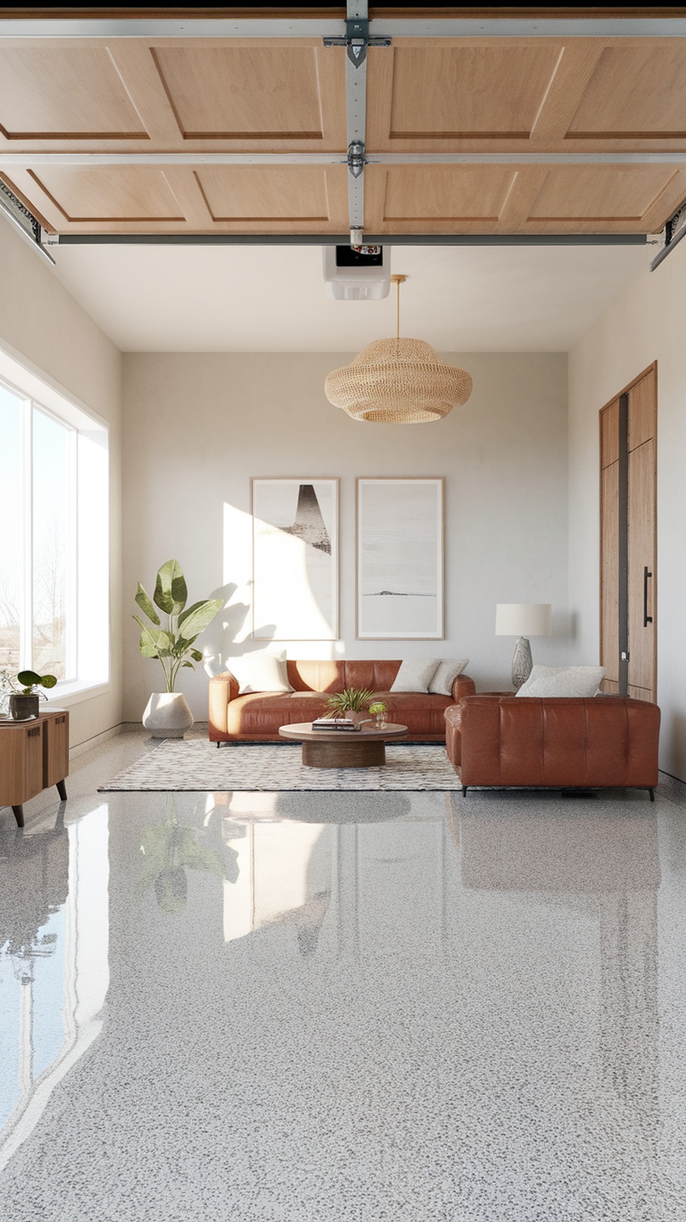 A stylish garage interior featuring a light gray textured epoxy floor, modern furniture, and large windows.