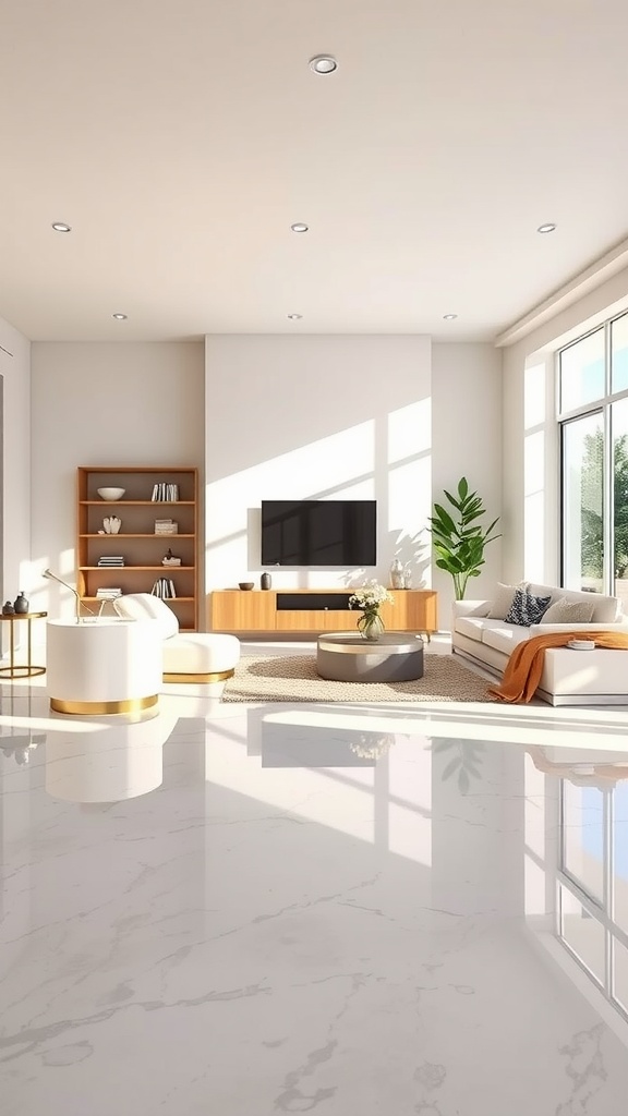 A cozy living room with textured epoxy flooring, sunlight streaming through the windows, and modern furnishings.