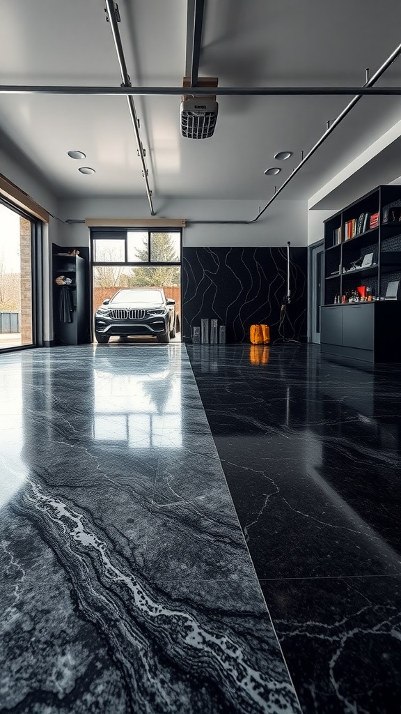 A stylish garage interior featuring a black marble epoxy floor, highlighting texture and safety.