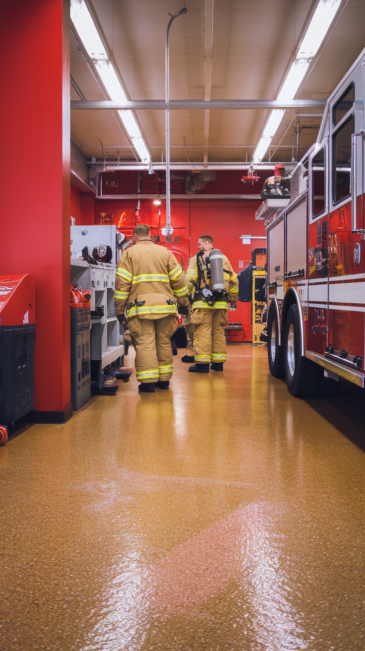 Firefighters in a station with textured epoxy flooring.