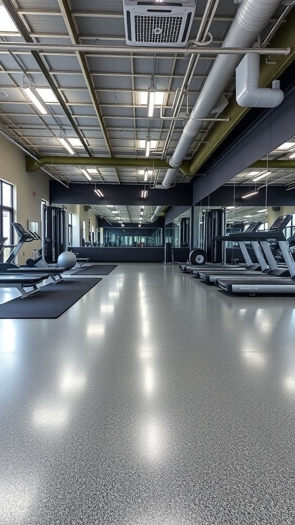 A spacious room featuring a stylish textured epoxy floor, ideal for a home gym or living area.