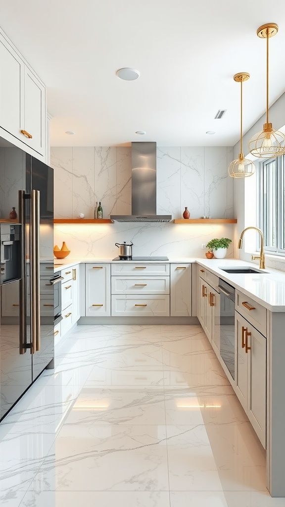 A modern kitchen with textured epoxy flooring in a warm orange hue, showcasing the slip-resistant surface and herringbone pattern.