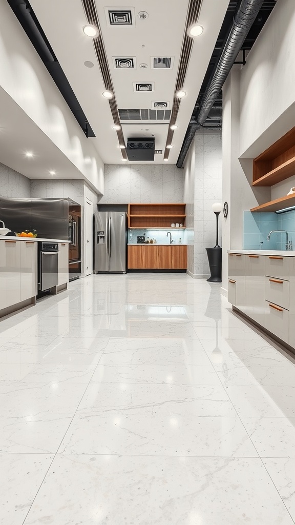 Modern kitchen with a marble epoxy floor, showcasing light grey tones and a stylish design.