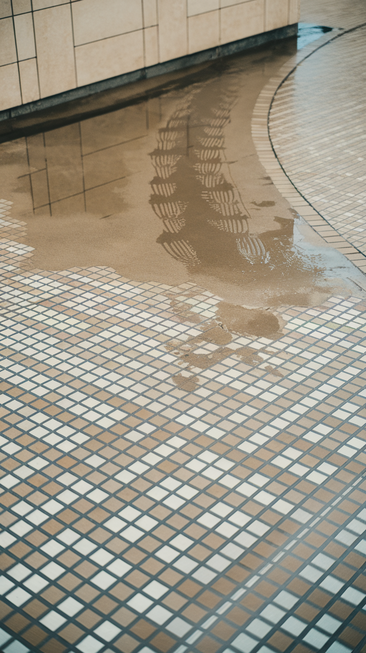 A textured epoxy floor with a unique pattern and some water pooling on the surface.