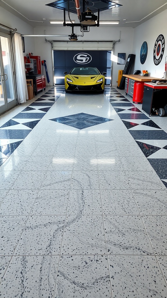 A stylish garage with a textured epoxy floor featuring a mix of colors, and a sleek car in front.