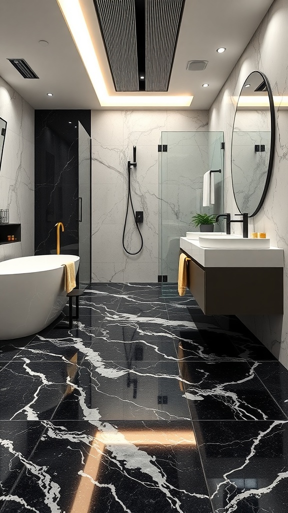 Elegant bathroom featuring textured black epoxy flooring with a marble design, showcasing a modern and luxurious space.