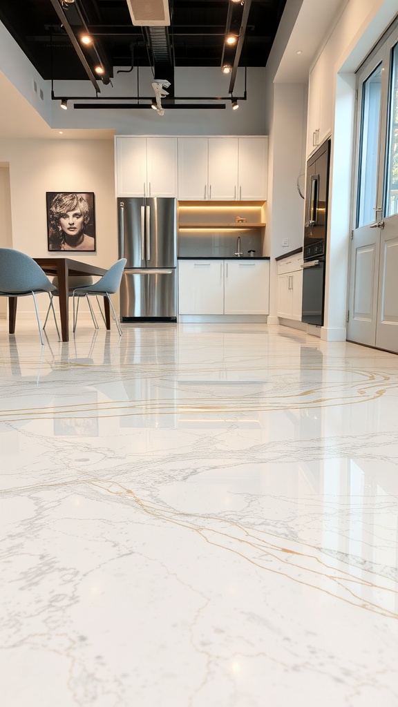 A modern kitchen showcasing glossy marble epoxy flooring with gold veining.