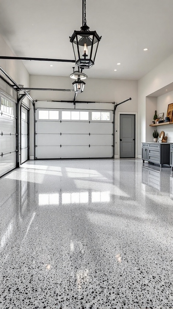 A modern garage with polished speckled epoxy flooring and stylish lighting fixtures.
