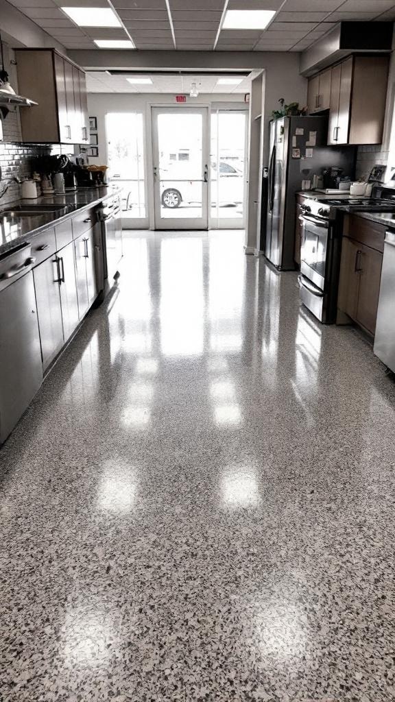 A modern kitchen with a textured epoxy floor, showcasing a bright and clean design.