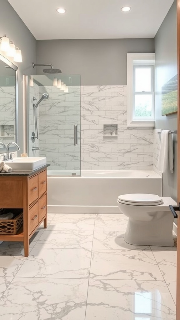 Modern bathroom featuring a textured epoxy floor with gray and blue patterns, white tiled walls, and sleek fixtures.