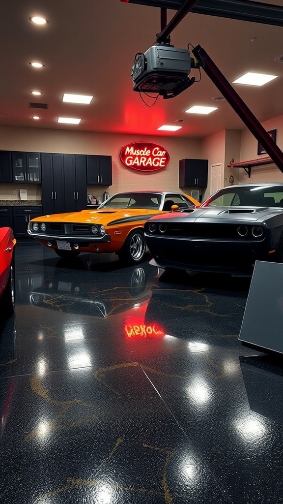 A textured epoxy garage floor with large letters that read GARAGE GAFORE.