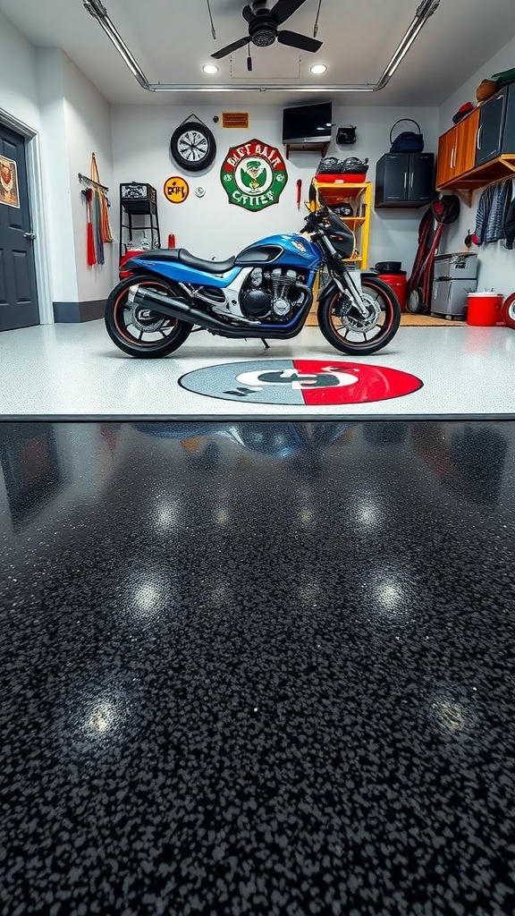 Stylish garage with a textured epoxy floor, featuring a motorcycle and decorative garage items.
