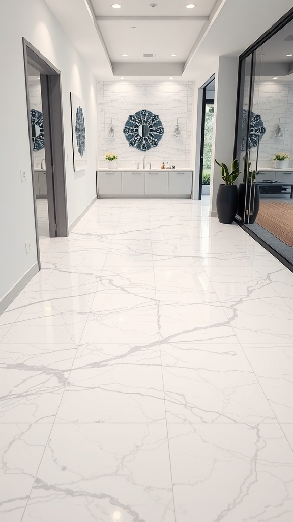 A modern hallway featuring a textured white epoxy floor that resembles marble with gray veining.