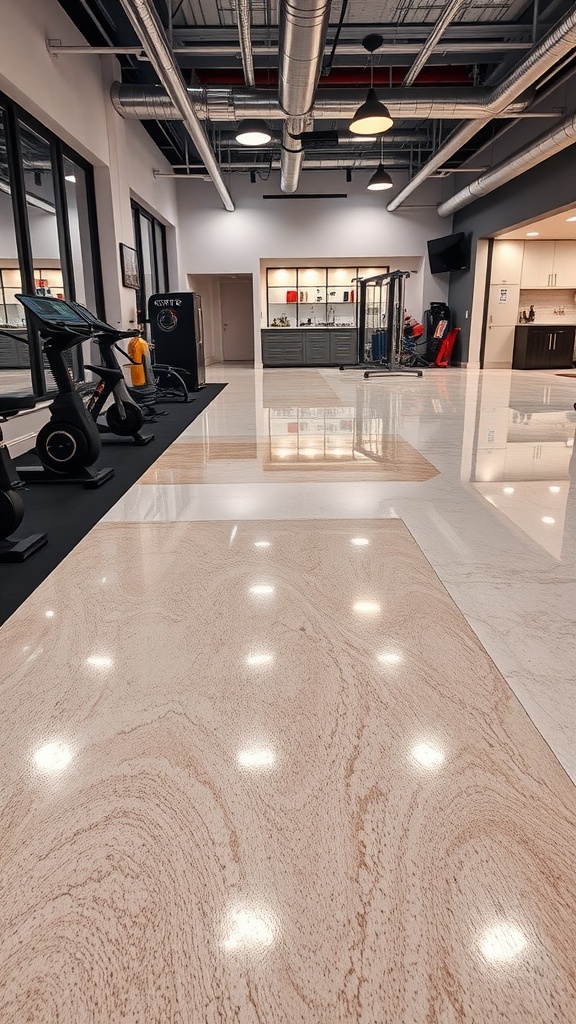A modern interior space featuring a polished epoxy floor with a sleek design.