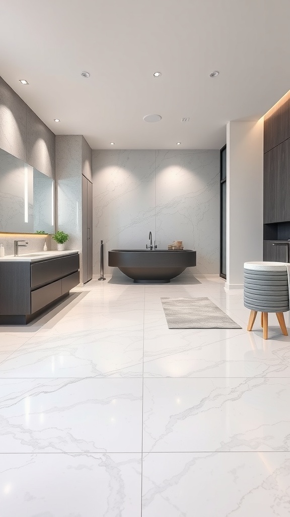 A modern bathroom with white and grey epoxy flooring, featuring sleek cabinetry and a freestanding bathtub.